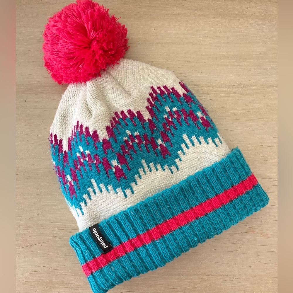 Vintage Patagonia Knit Ski Beanie Hat Pink Pom Pom